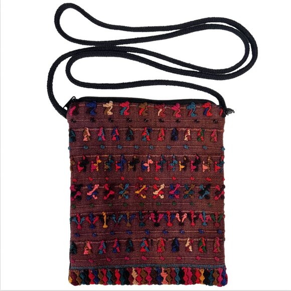 Unbranded Handbags - Vtg Boho Zipper Pouch Crossbody Brown Southwestern Style Embroidery 100% Cotton